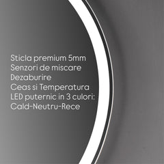 Oglinda baie LED 90x70cm Rama Neagra 3 Tipuri de Lumini Buton Touch Dezaburire Intensitate Reglabila