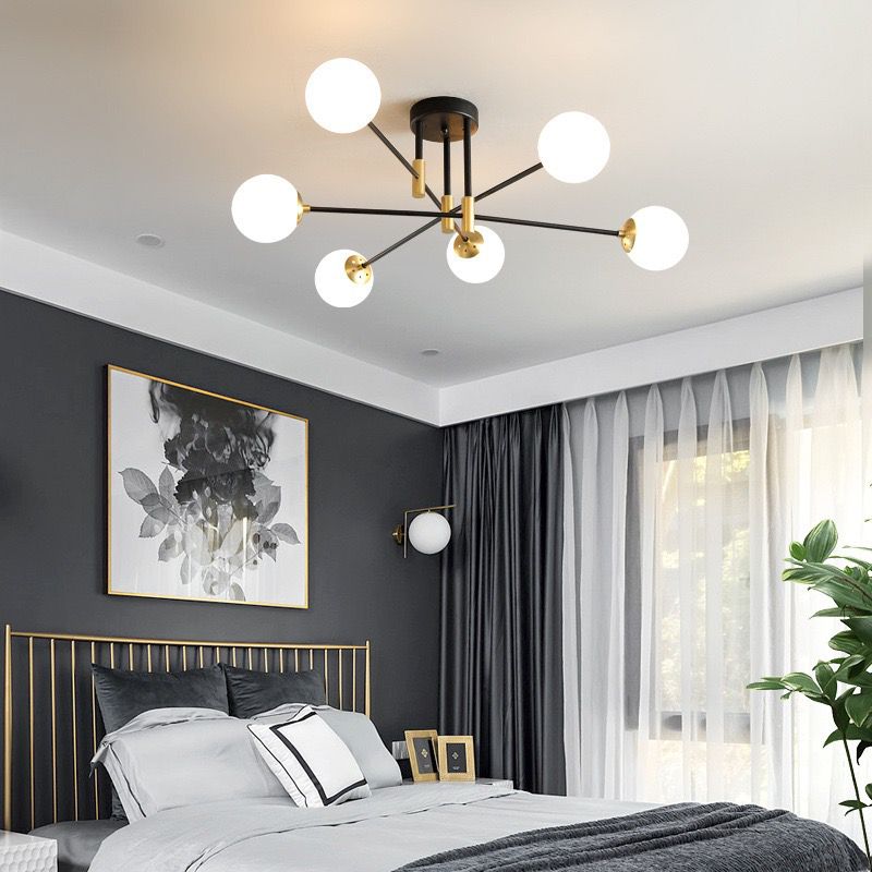 Lustra Globuri Albe 6xE27 65cm Negru + Auriu