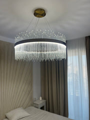 Pendul LED Diametru 80cm 200W Cristal cu Telecomanda Spiral 3 Tipuri de Lumini Auriu
