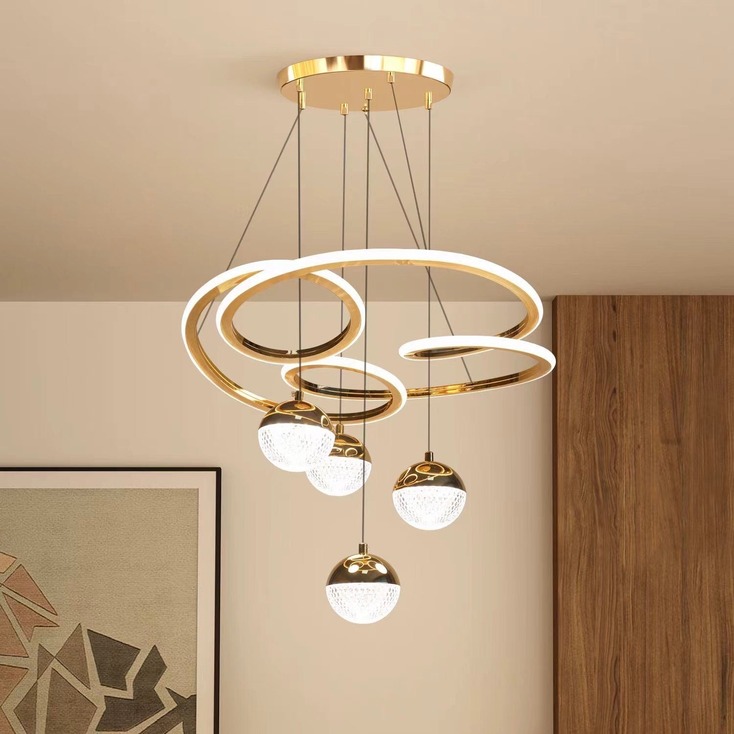 Pendul LED Fantasy 60cm 150W cu Telecomanda 3 Tipuri de Lumini Auriu