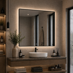 Oglinda LED Premium 80x80cm Rama Neagra Touch 3 Culori Luminoase