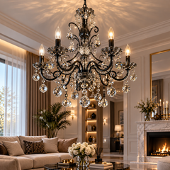 Candelabru Clasic Negru Cristale cu 5 Brate