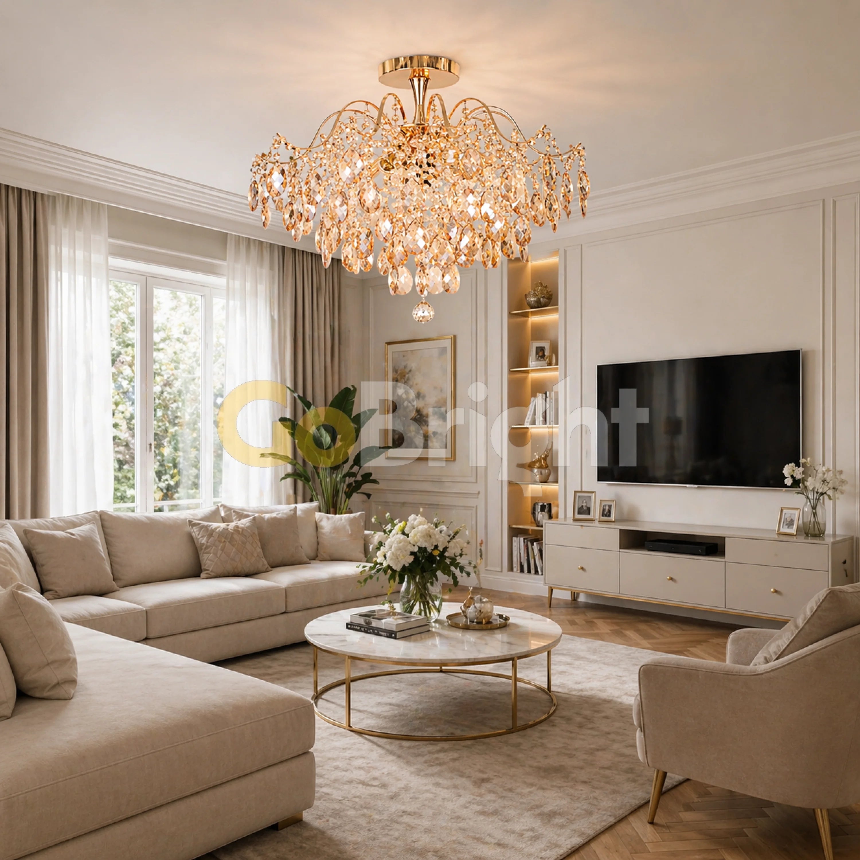Candelabru Cristal Clover 6xE27 Diametru 60cm Auriu