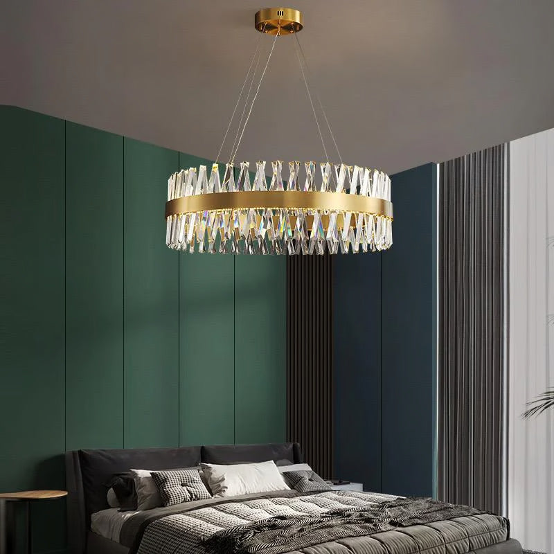 Pendul LED Diametru 60cm 100W Cristal cu Telecomanda Nemesis 3 Tipuri de Lumini Auriu