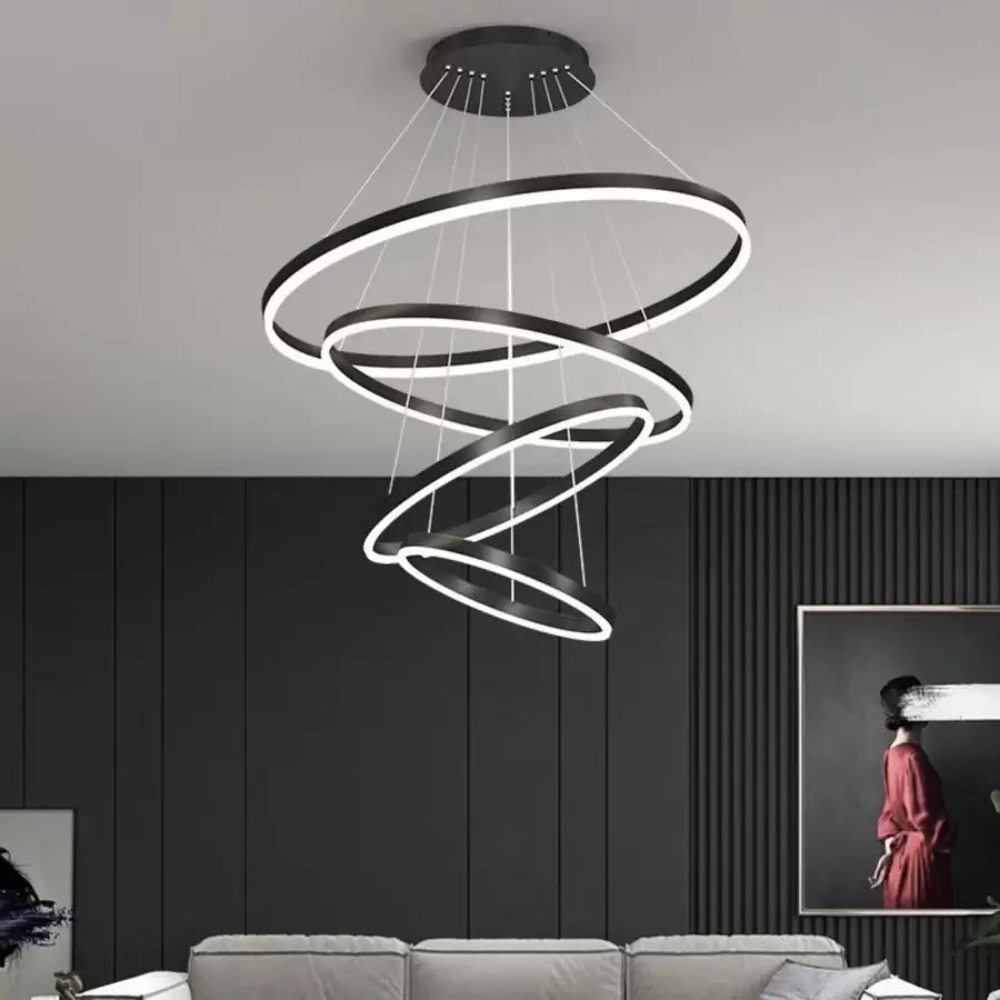Pendul LED Diametru 80 + 60 + 40 + 20cm 220W cu Telecomanda Raven 3 Tipuri de Lumini Negru