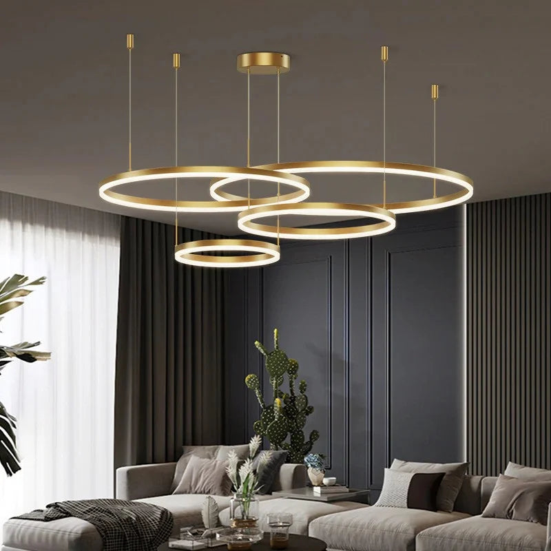 Pendul LED Diametru 60 + 50 + 40 + 30cm 240W cu Telecomanda Raven 3 Tipuri de Lumini Auriu