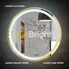 Oglinda LED Rotunda 70cm Rama Aurie 3 Tipuri de Lumini Buton Touch Intensitate Reglabila