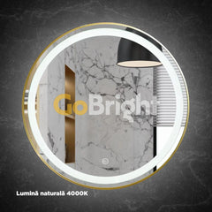 Oglinda LED Rotunda 70cm Rama Aurie 3 Tipuri de Lumini Buton Touch Intensitate Reglabila