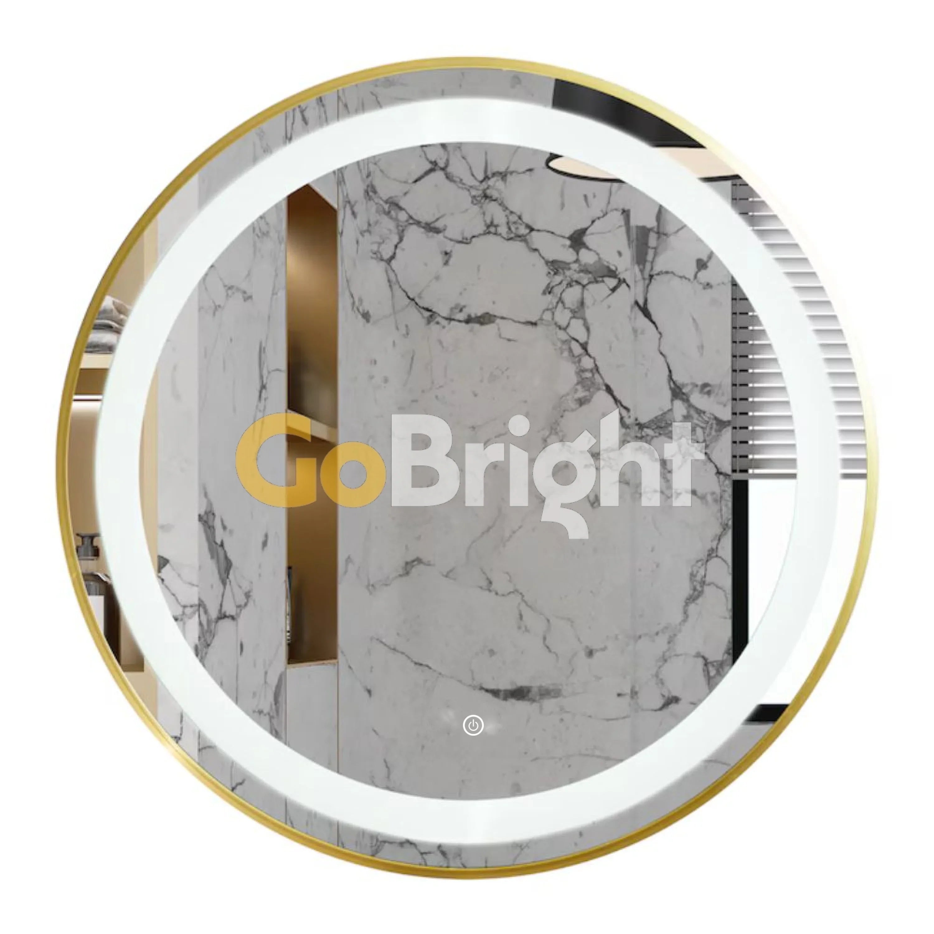 Oglinda LED Rotunda 90cm Rama Aurie 3 Tipuri de Lumini Buton Touch Dezaburire Intensitate Reglabila