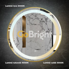 Oglinda LED Rotunda 90cm Rama Aurie 3 Tipuri de Lumini Buton Touch Dezaburire Intensitate Reglabila