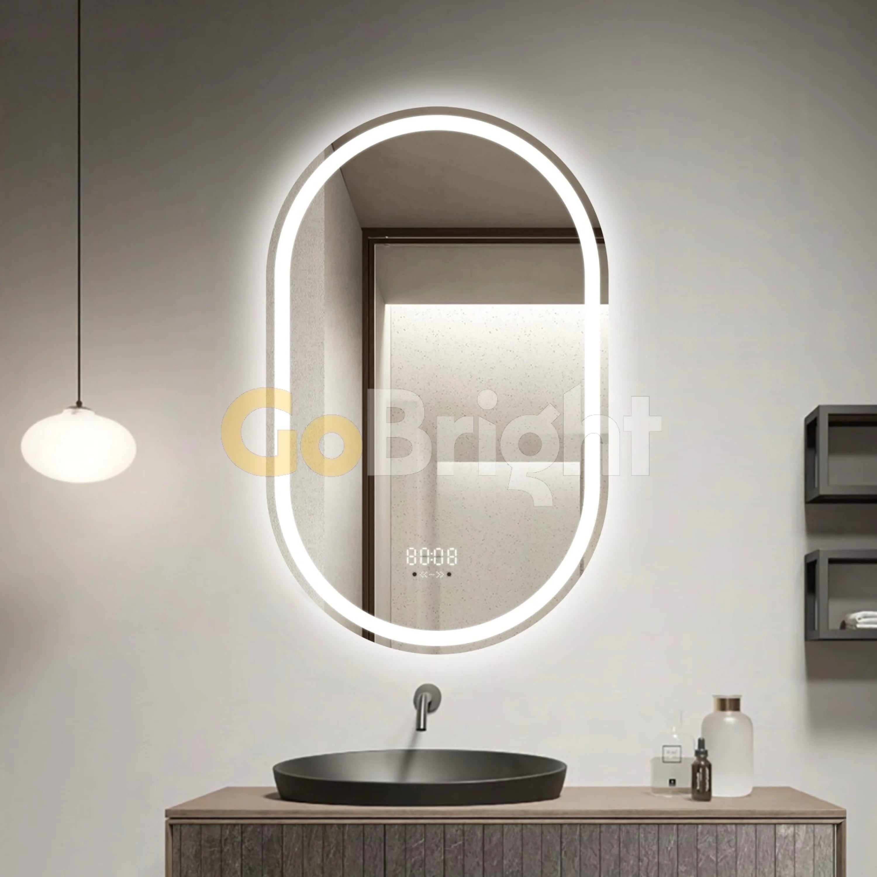 Oglinda LED Smart 50x80cm Senzor Miscare Dezaburire 3 Culori Luminoase Afisaj Ceas & Temperatura – Sticla Premium 5 mm