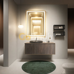 Oglinda LED Smart 60x80cm Auriu Senzor Miscare Dezaburire 3 Culori Luminoase Afisaj Ceas & Temperatura – Sticla Premium