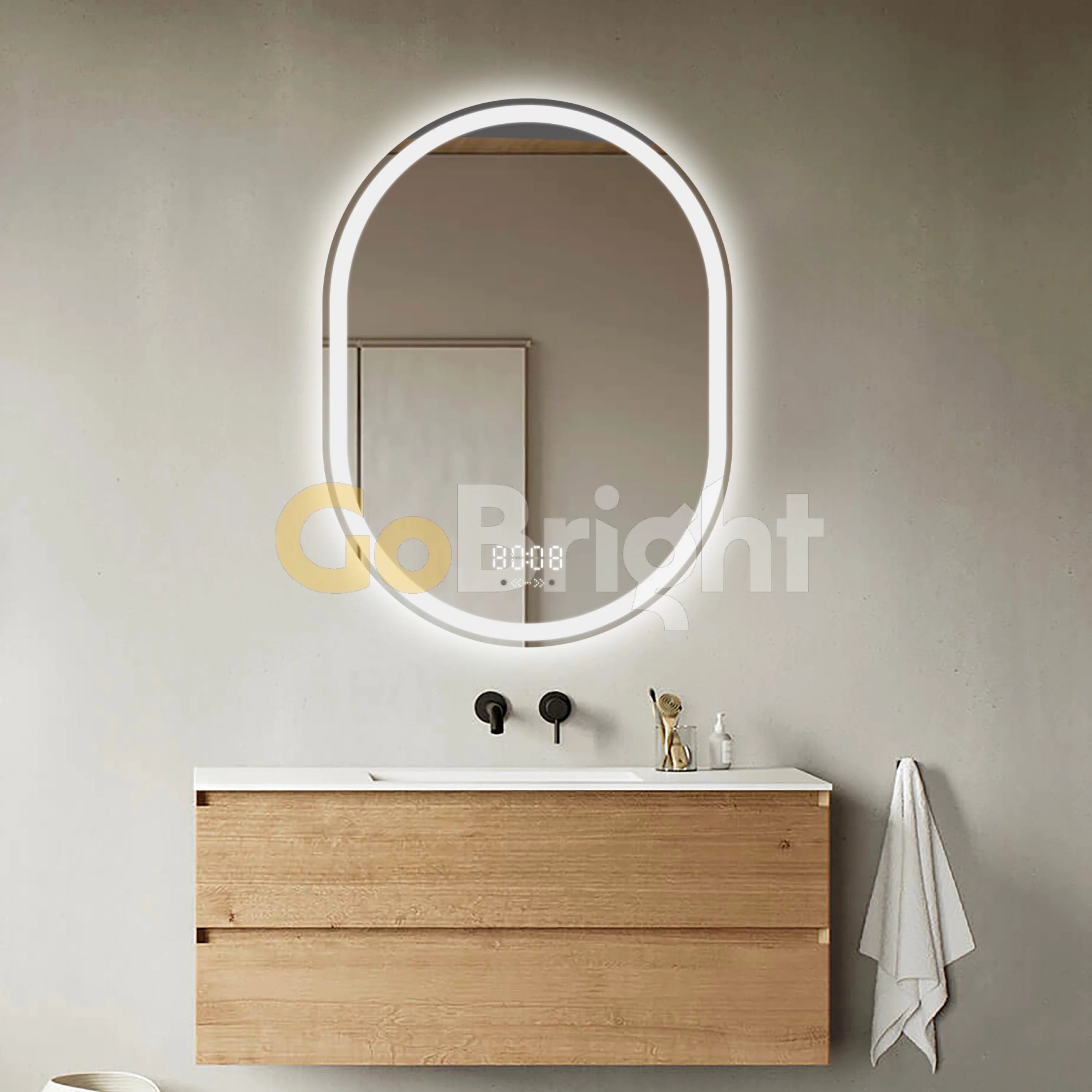 Oglinda LED Smart 60x80cm Senzor Miscare Dezaburire 3 Culori Luminoase Afisaj Ceas & Temperatura – Sticla Premium 5 mm