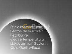Oglinda LED Smart 70cm Senzor Miscare Dezaburire 3 Culori Luminoase Afisaj Ceas & Temperatura – Sticla Premium 5 mm