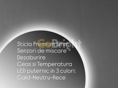 Oglinda LED Smart 80cm Senzor Miscare Dezaburire 3 Culori Luminoase Afisaj Ceas & Temperatura – Sticla Premium 5 mm