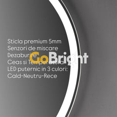 Oglinda LED Smart 70cm Senzor Miscare Lupa Dezaburire 3 Culori Luminoase Afisaj Ceas & Temperatura – Sticla Premium 5 mm