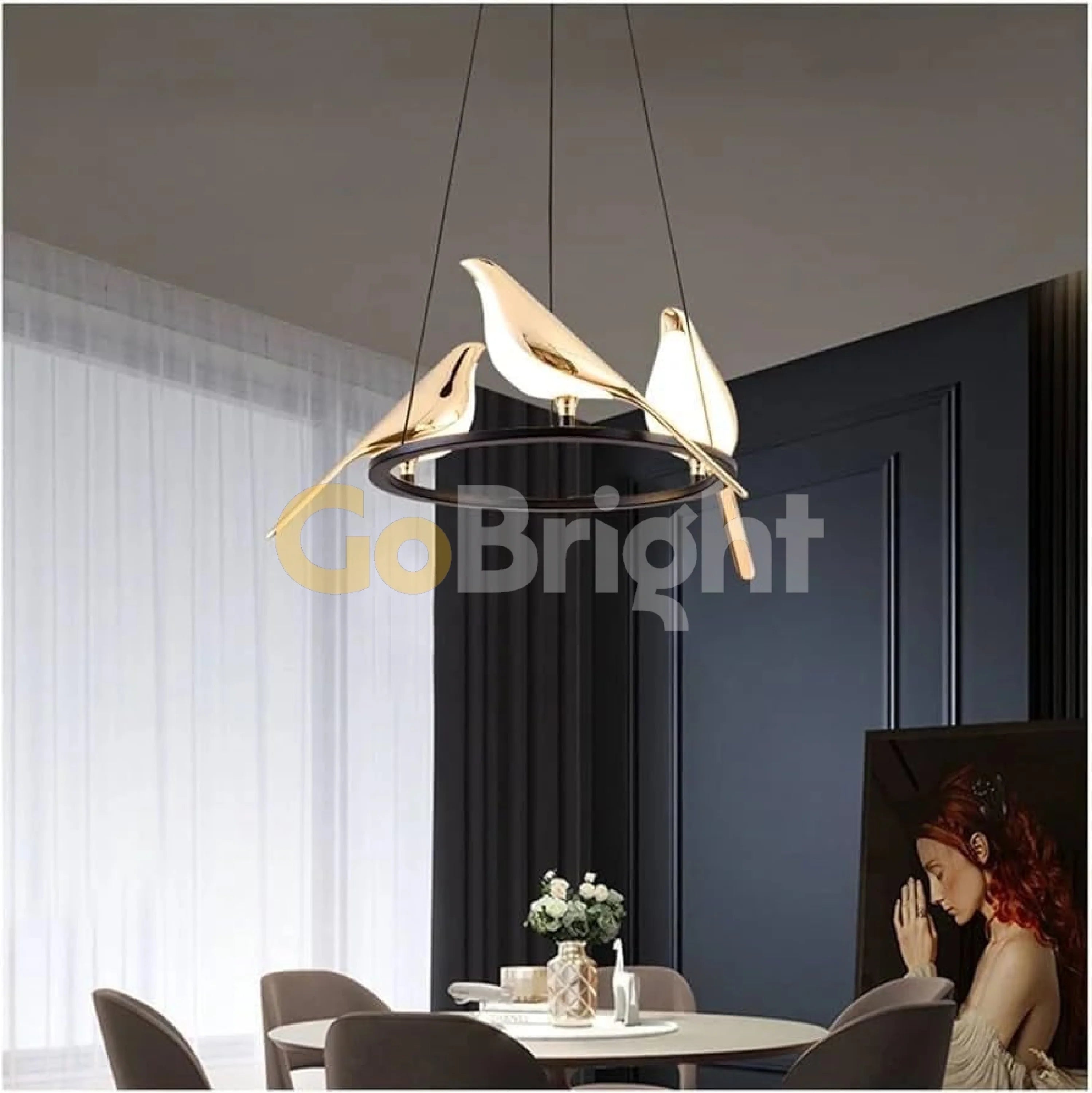 Pendul LED 3 Pasari Diametru 40cm 30W 3 Tipuri de Lumini Negru + Auriu