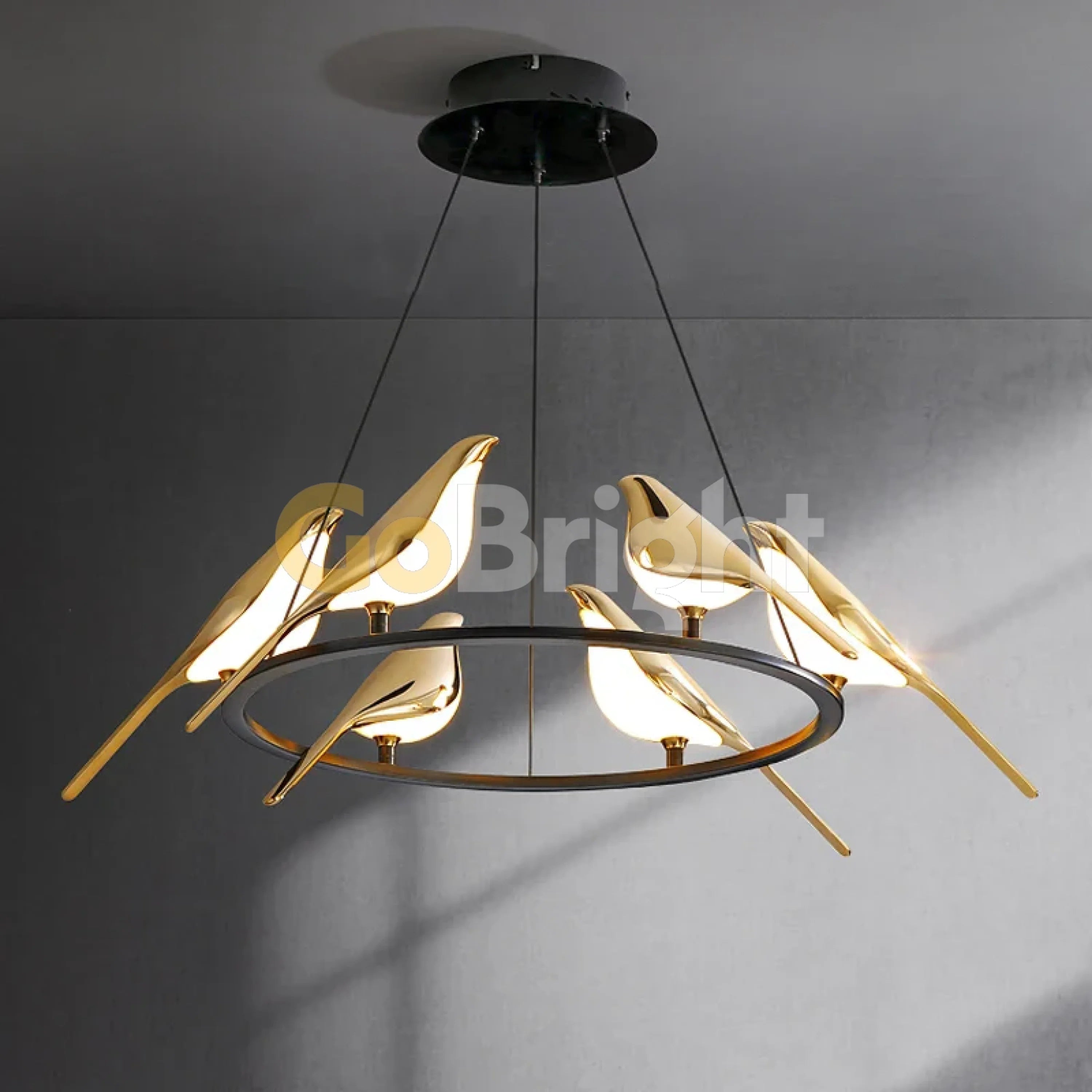 Pendul LED 6 Pasari Diametru 65cm 60W 3 Tipuri de Lumini Negru + Auriu