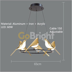 Pendul LED 6 Pasari Diametru 65cm 60W 3 Tipuri de Lumini Negru + Auriu