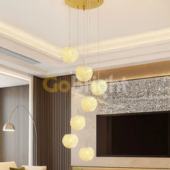 Pendul LED 7 Bile Cristale 100W cu Telecomanda Glow 3 Tipuri de Lumini Auriu