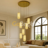 Pendul LED 7 Cilindri Cristale 100W cu Telecomanda Glow 3 Tipuri de Lumini Auriu