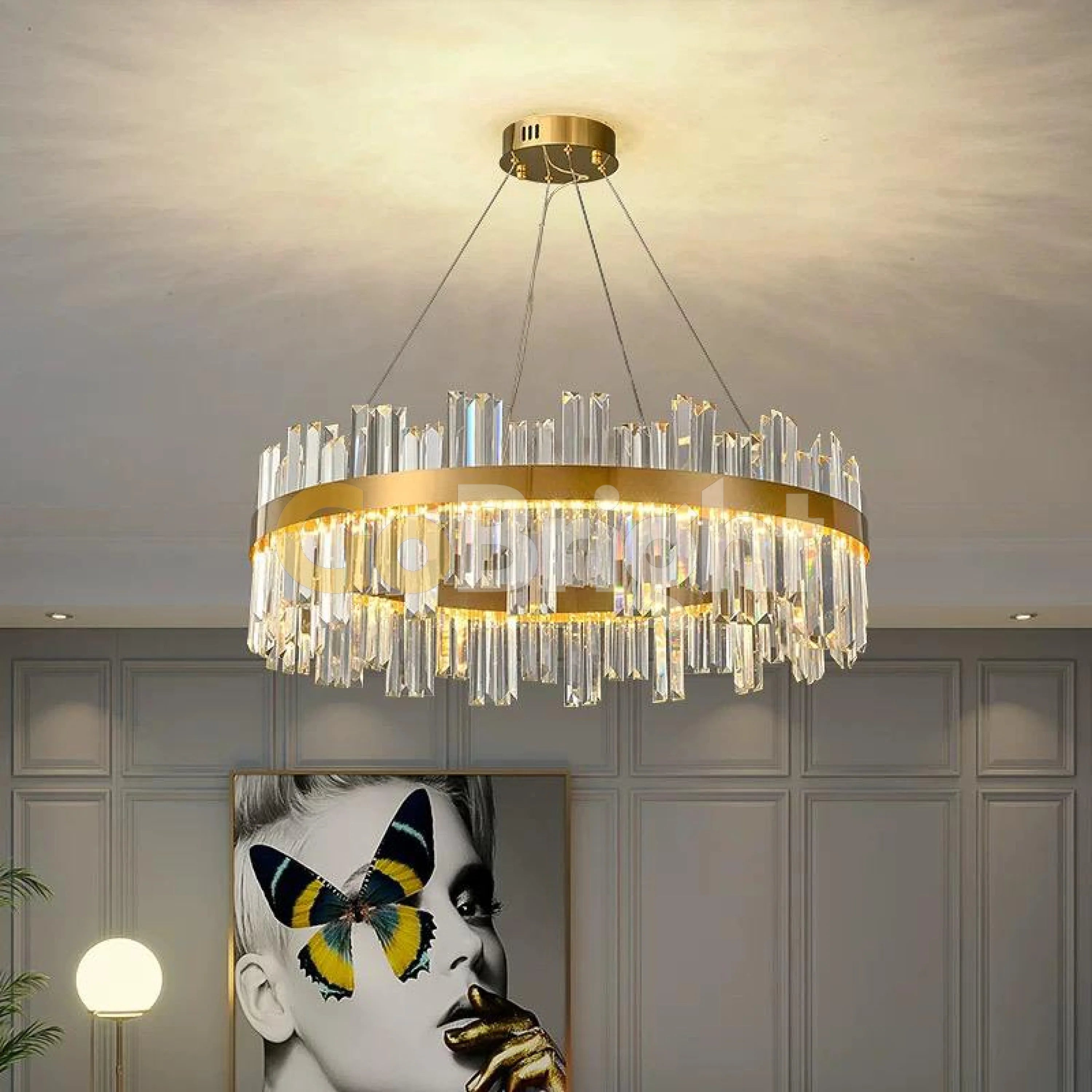 Pendul LED Diametru 60cm 100W Cristal cu Telecomanda Spiral 3 Tipuri de Lumini Auriu