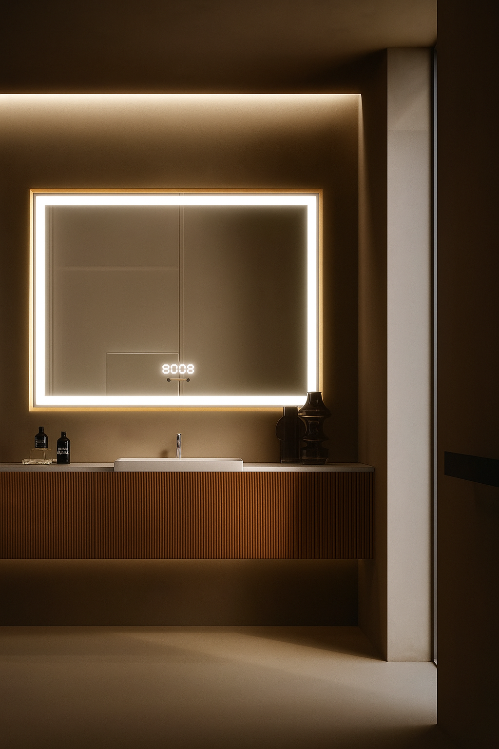 Oglinda LED Smart 80x60cm Auriu Senzor Miscare Dezaburire 3 Culori Luminoase Afisaj Ceas & Temperatura – Sticla Premium