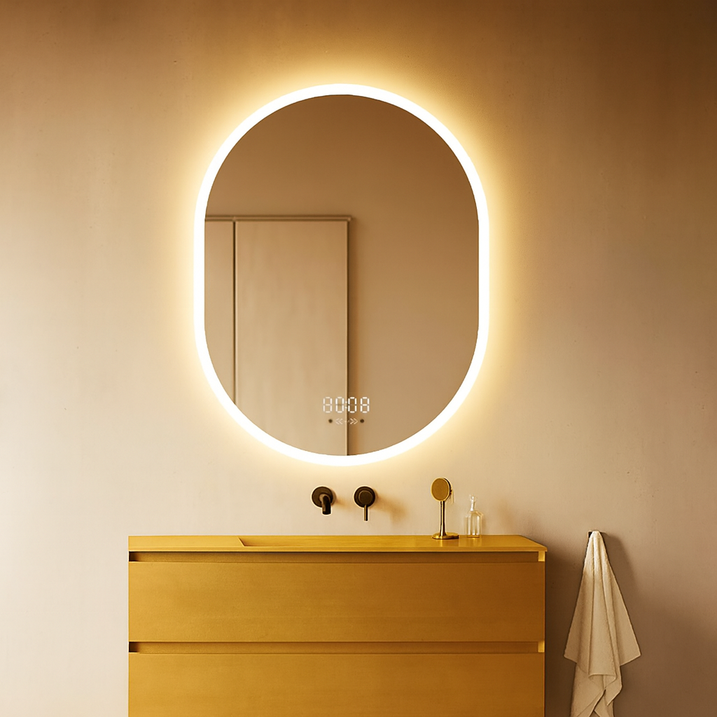 Oglinda LED Smart 70x90cm Senzor Miscare Dezaburire 3 Culori Luminoase Afisaj Ceas & Temperatura – Sticla Premium 5 mm