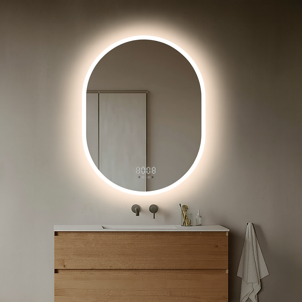 Oglinda LED Smart 70x90cm Senzor Miscare Dezaburire 3 Culori Luminoase Afisaj Ceas & Temperatura – Sticla Premium 5 mm