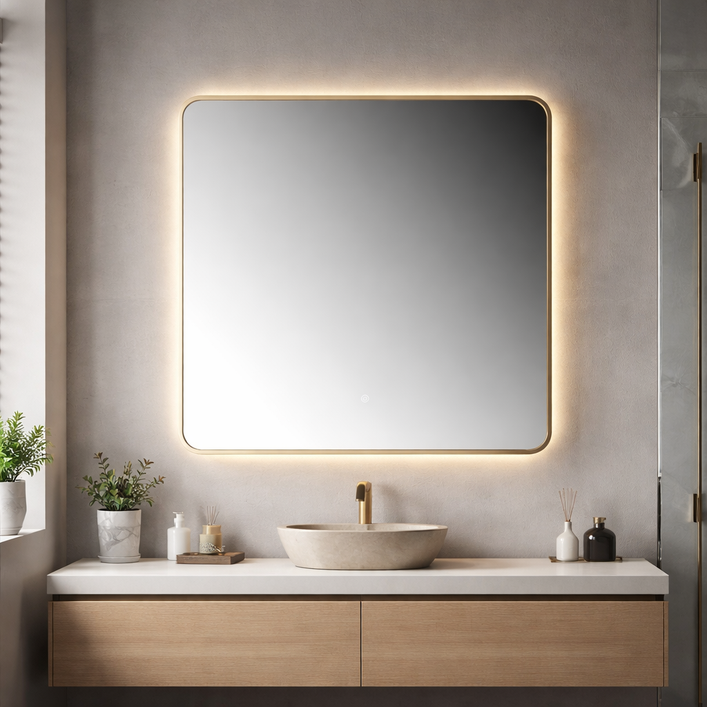 Oglinda LED Premium 80x80cm Rama Aurie Touch 3 Culori Luminoase