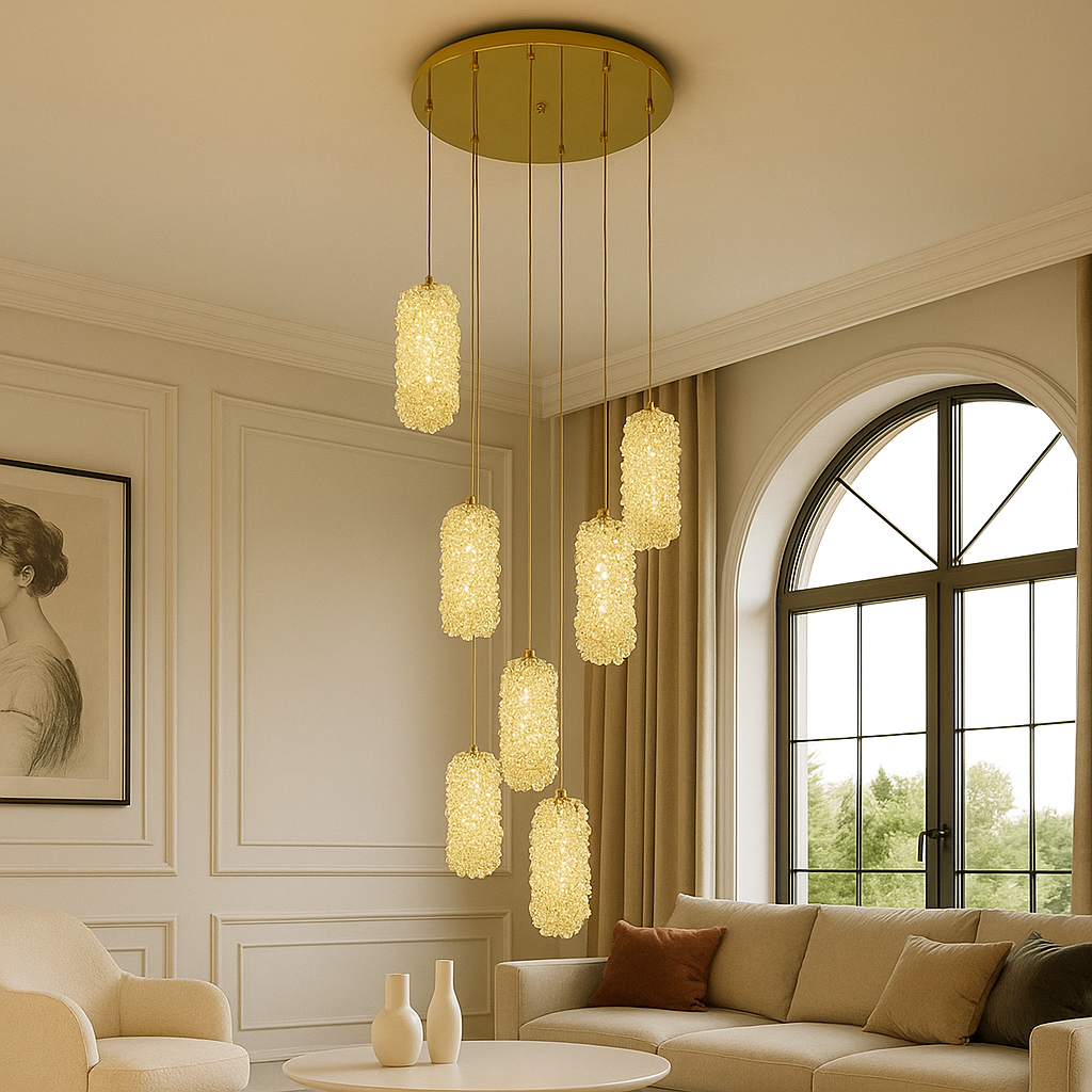 Pendul LED 7 Cilindri Cristale 100W cu Telecomanda Glow 3 Tipuri de Lumini Auriu