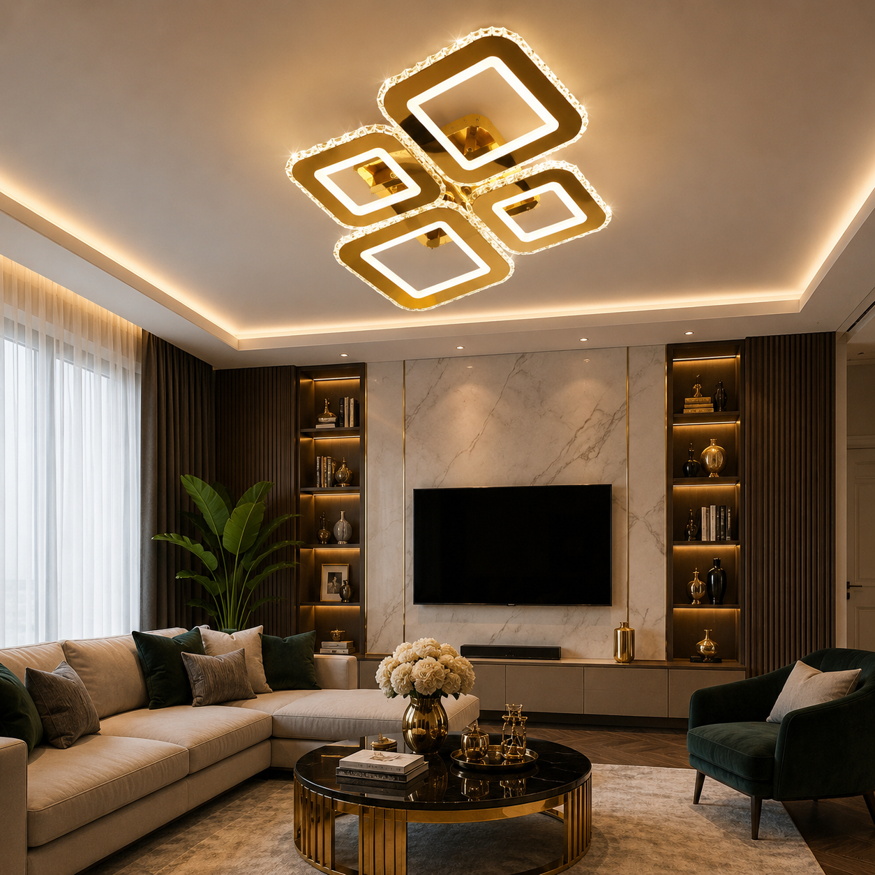 Lustra LED Cristale 160W 3 Tipuri de Lumini Auriu Patrata