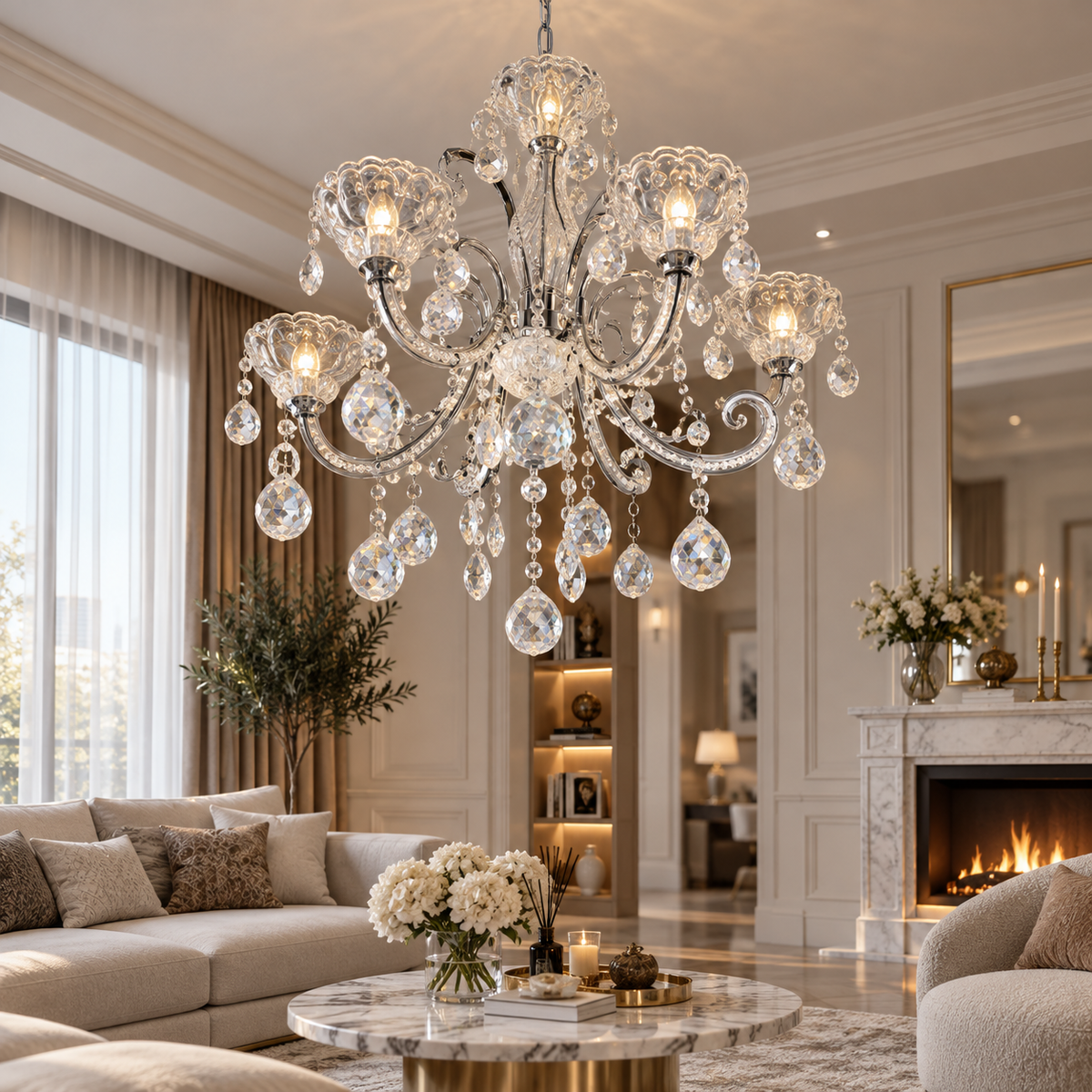 Candelabru Clasic Argintiu Cristale cu 5 Brate