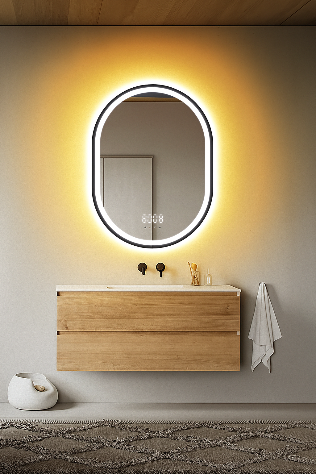 Oglinda LED Smart 60x80cm Senzor Miscare Dezaburire 3 Culori Luminoase Afisaj Ceas & Temperatura – Sticla Premium 5 mm