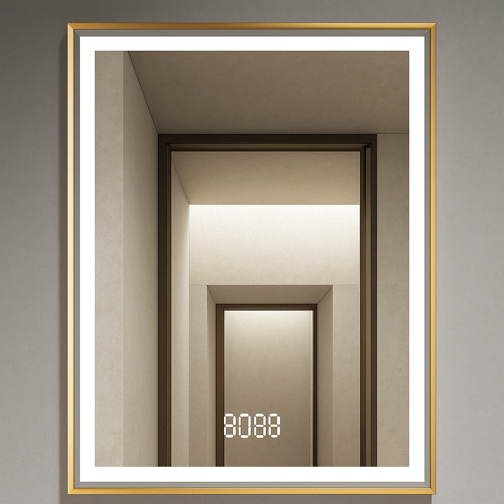 Oglinda LED Smart 60x80cm Auriu Senzor Miscare Dezaburire 3 Culori Luminoase Afisaj Ceas & Temperatura – Sticla Premium