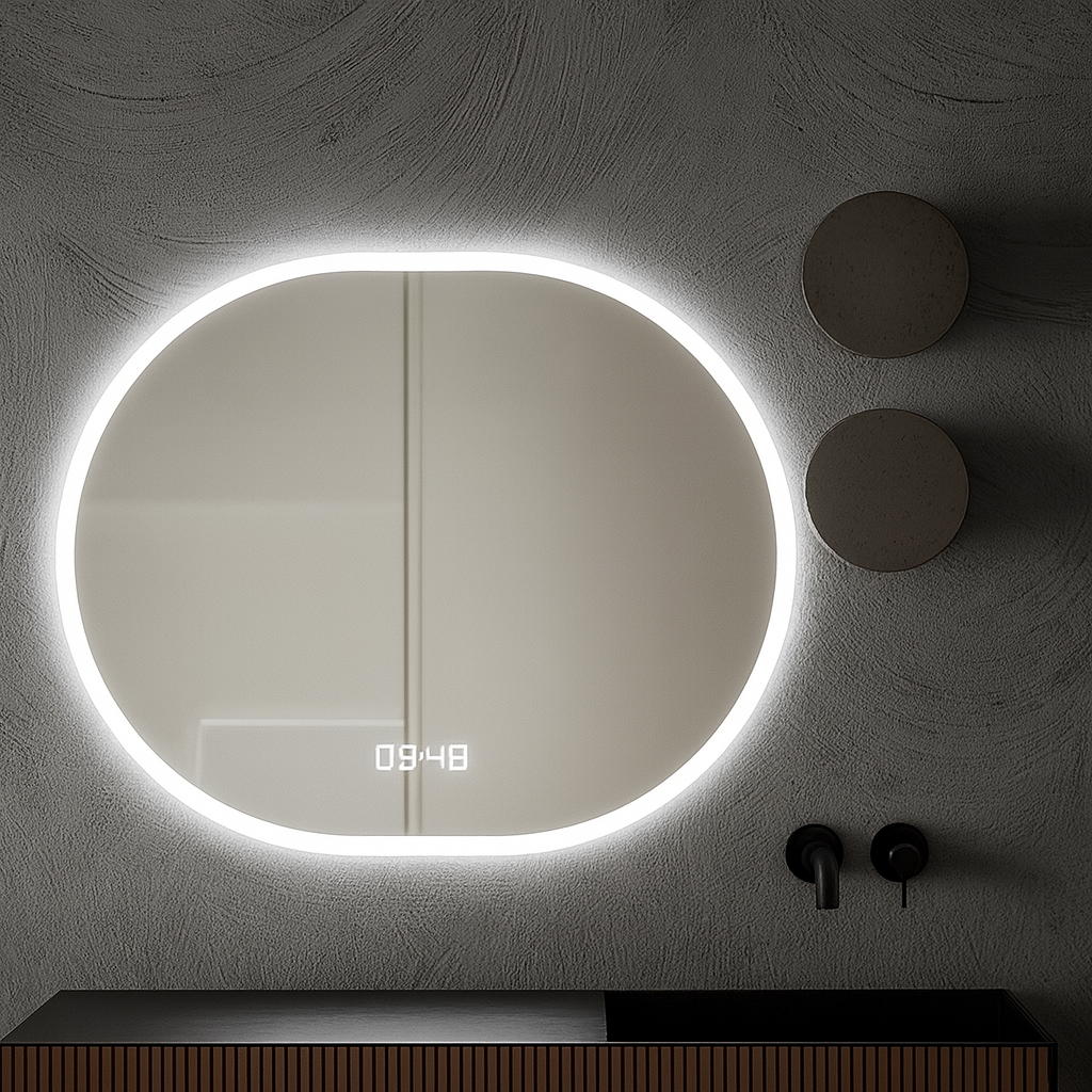 Oglinda LED Smart 80x60cm Senzor Miscare Dezaburire 3 Culori Luminoase Afisaj Ceas & Temperatura – Sticla Premium 5 mm