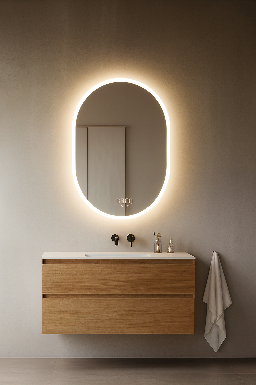 Oglinda LED Smart 70x90cm Senzor Miscare Dezaburire 3 Culori Luminoase Afisaj Ceas & Temperatura – Sticla Premium 5 mm