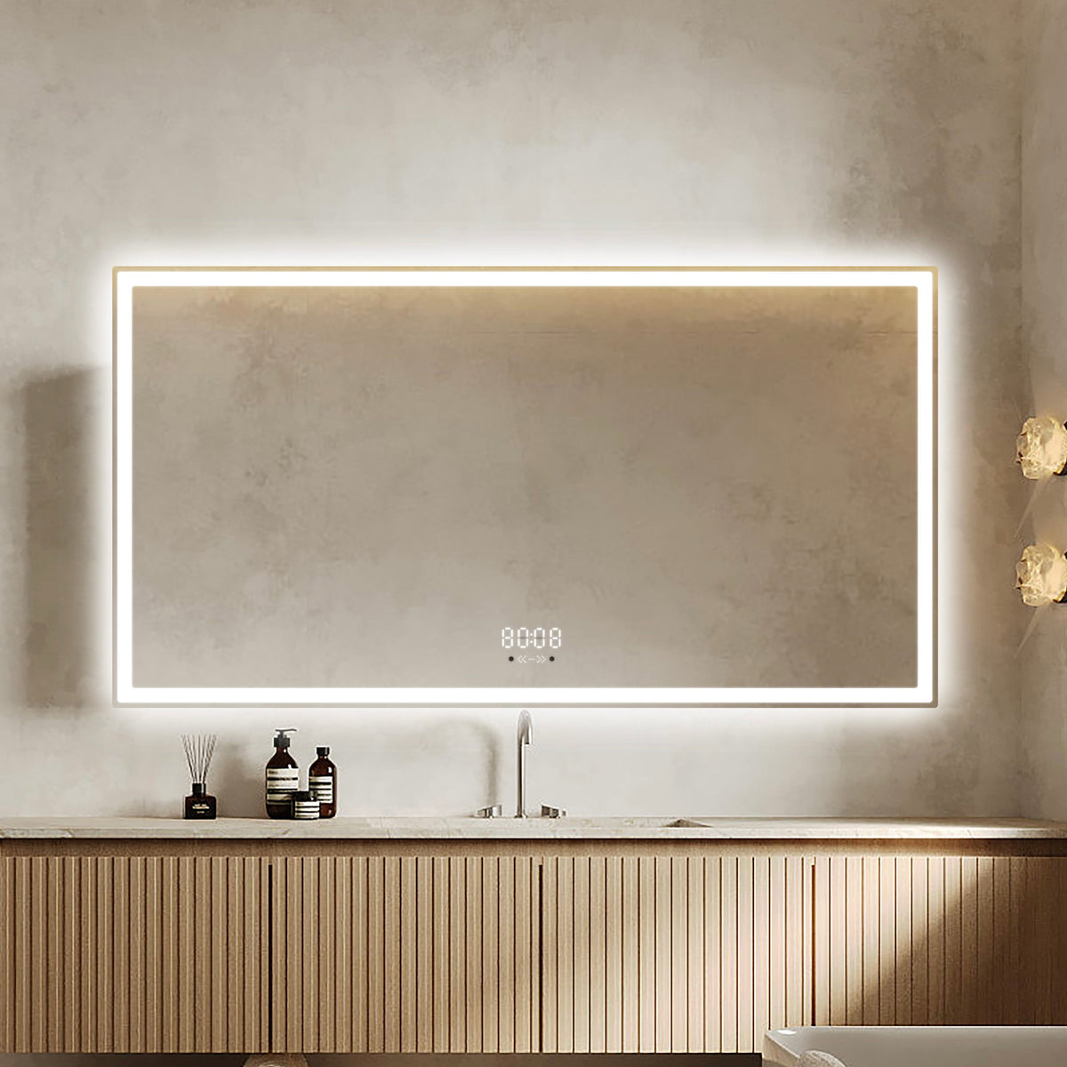 Oglinda LED Smart 150x80cm Senzor Miscare Dezaburire 3 Culori Luminoase Afisaj Ceas & Temperatura – Sticla Premium 5 mm