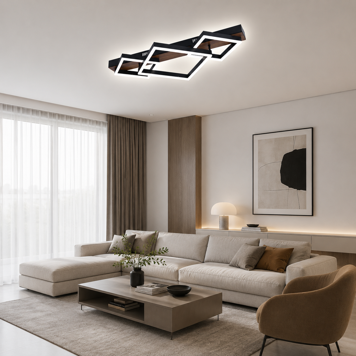 Lustra LED 100W Patrate si Lemn cu Telecomanda Negru