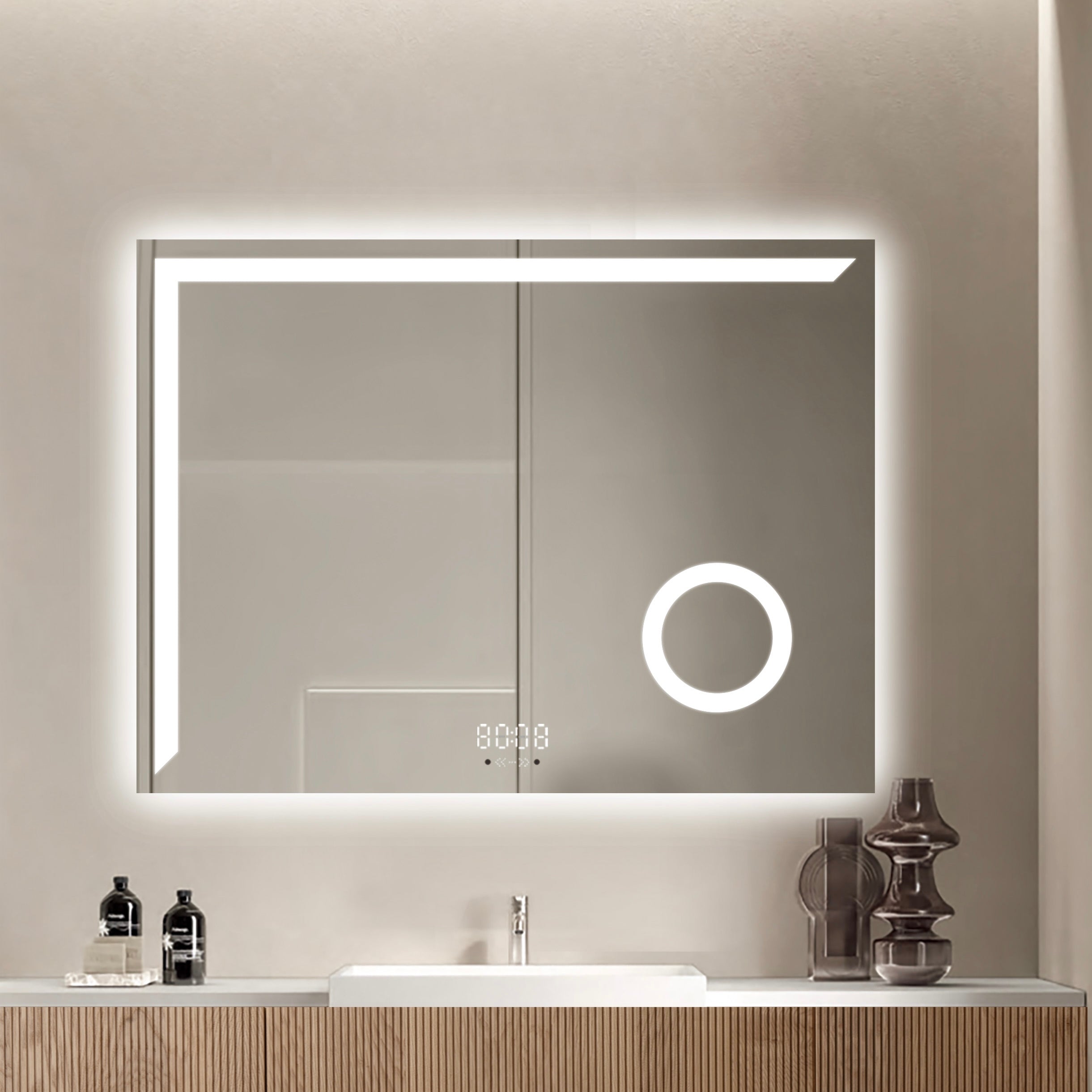 Oglinda LED Smart 80x60cm Senzor Miscare Lupa Dezaburire 3 Culori Luminoase Afisaj Ceas & Temperatura – Sticla Premium
