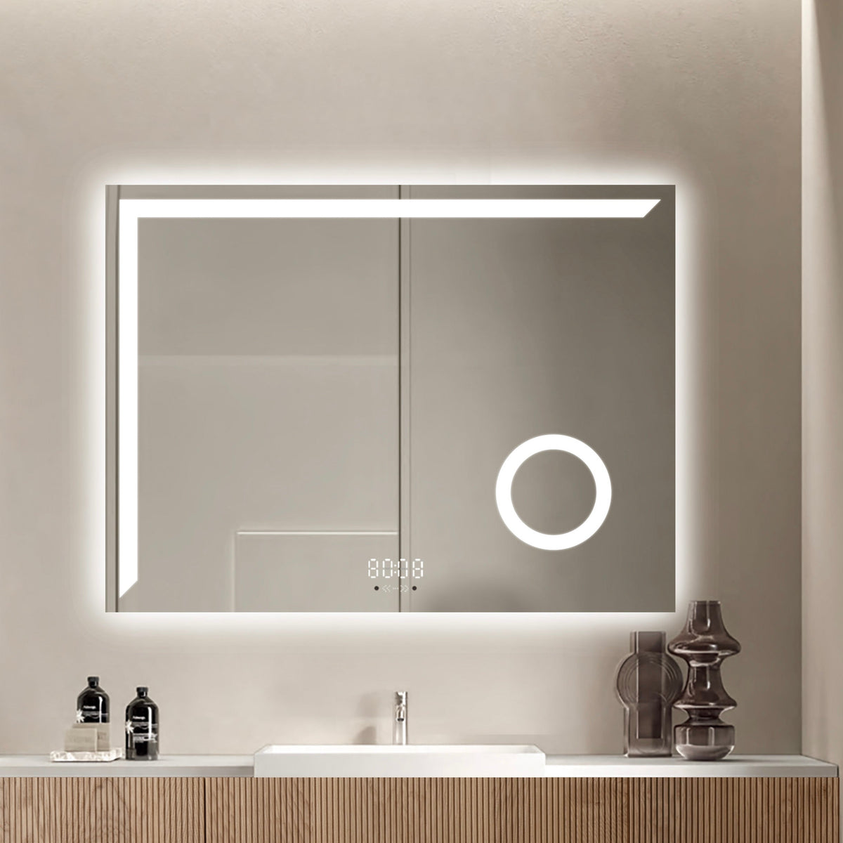 Oglinda LED Smart 80x60cm Senzor Miscare Lupa Dezaburire 3 Culori Luminoase Afisaj Ceas & Temperatura – Sticla Premium