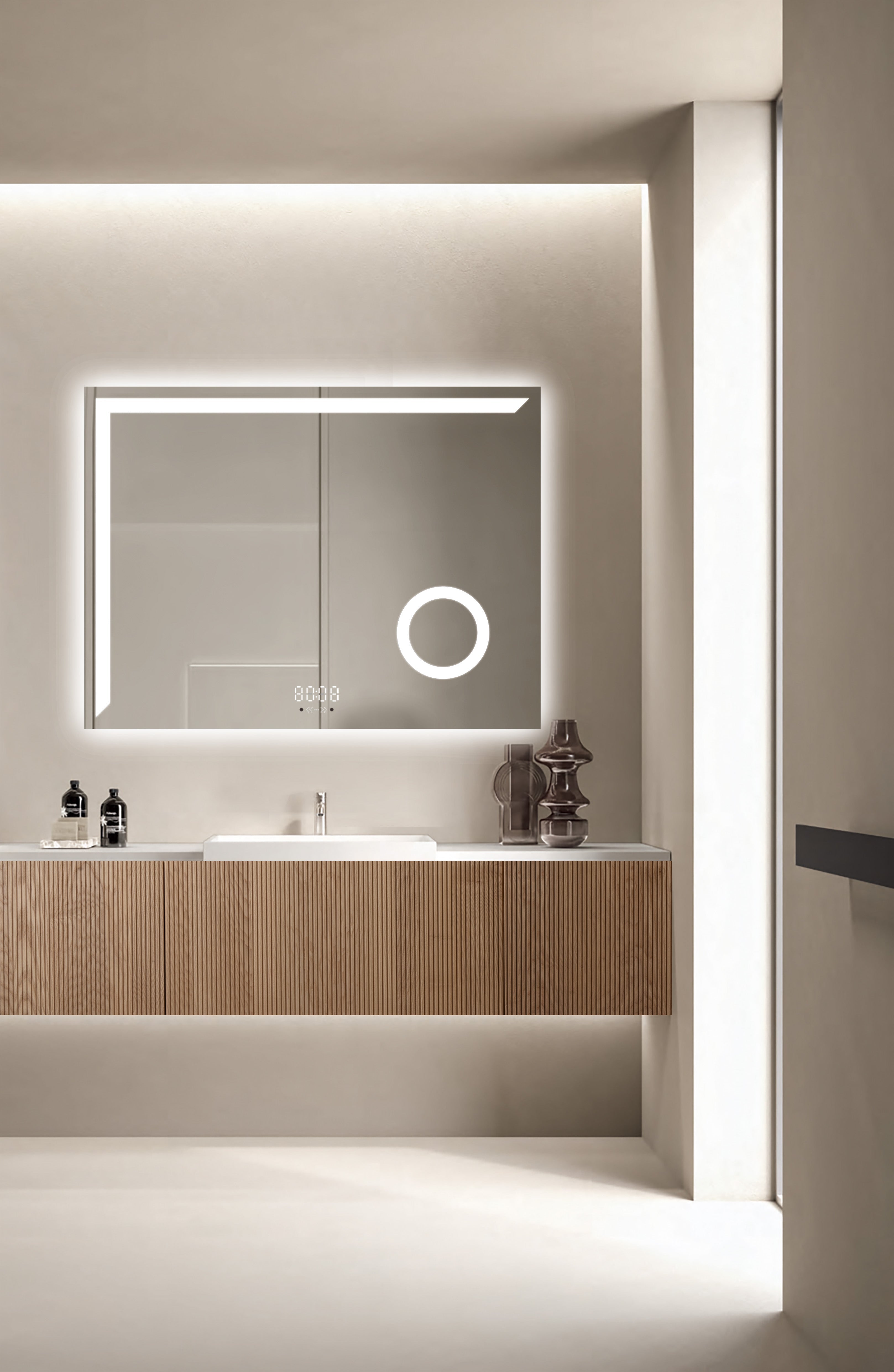 Oglinda LED Smart 80x60cm Senzor Miscare Lupa Dezaburire 3 Culori Luminoase Afisaj Ceas & Temperatura – Sticla Premium