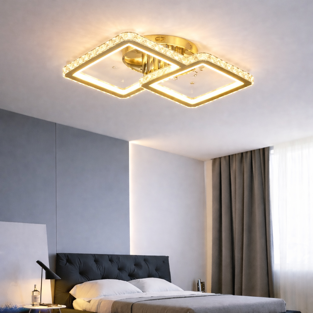 Lustra LED Cristale 94W 3 Tipuri de Lumini Auriu Patrata