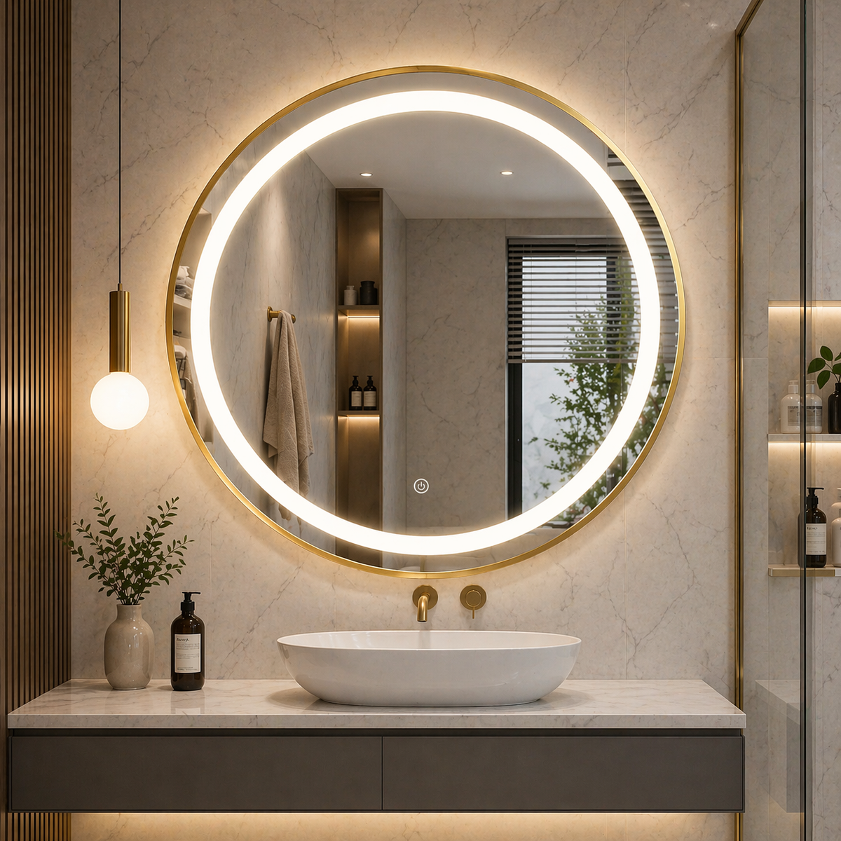 Oglinda LED Rotunda 90cm Rama Aurie 3 Tipuri de Lumini Buton Touch Dezaburire Intensitate Reglabila