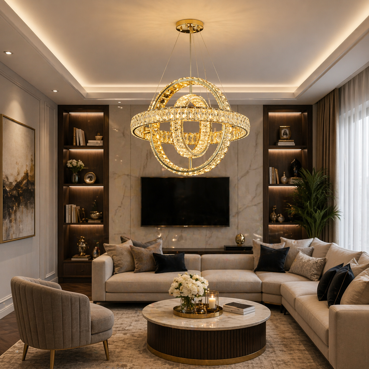 Pendul LED Aura 195W Cristal cu Telecomanda 3 Tipuri de Lumini Auriu