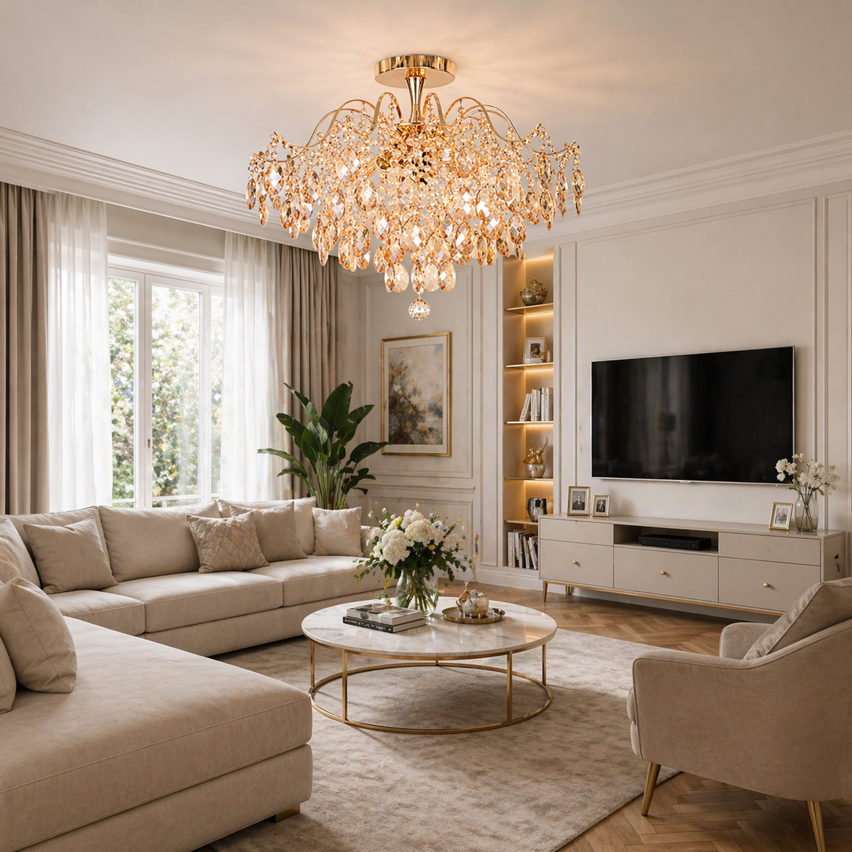Candelabru Cristal Clover 6xE27 Diametru 60cm Auriu