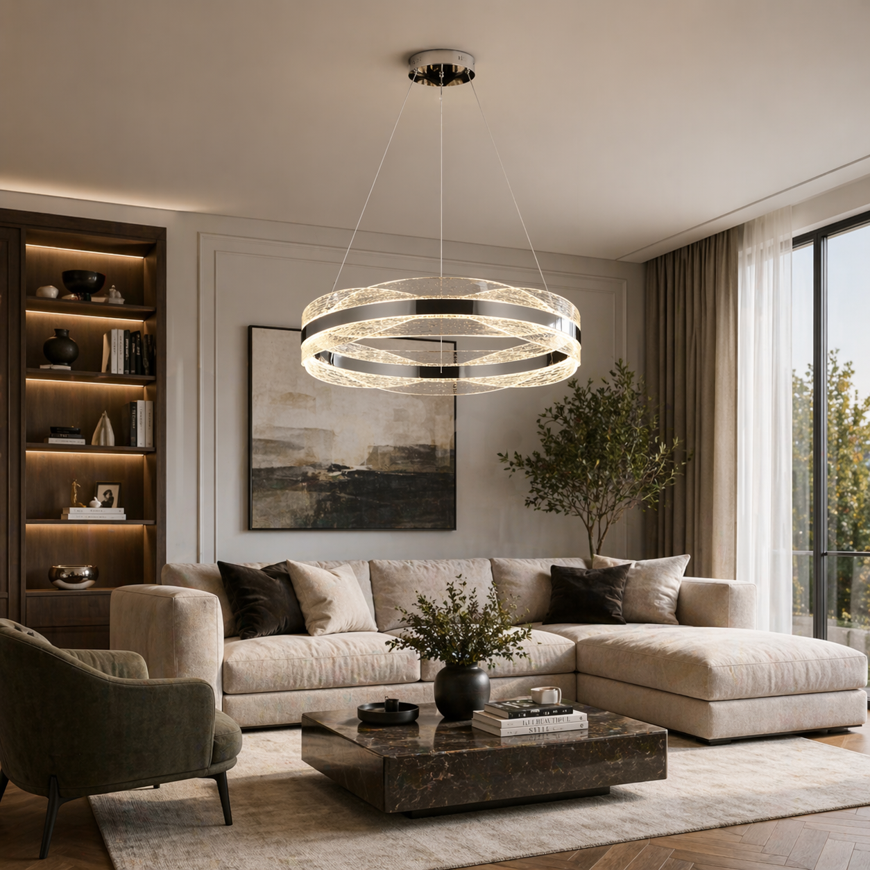 Pendul LED Kris 40cm 100W cu Telecomanda 3 Tipuri de Lumini Argintiu