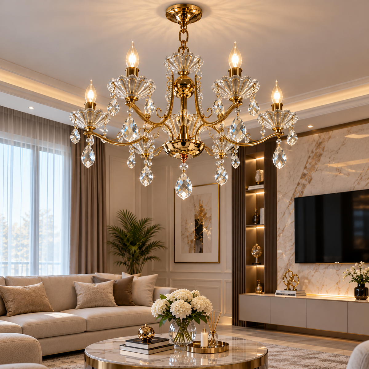 Candelabru Clasic Auriu cu Cristale 5 Brate