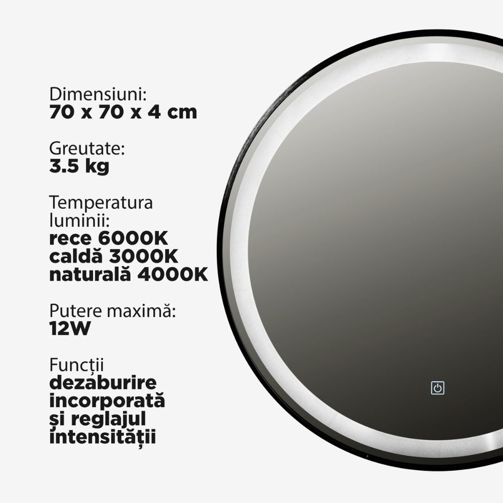 Oglinda LED 70 cm cu rama neagra, 3 tipuri de lumina