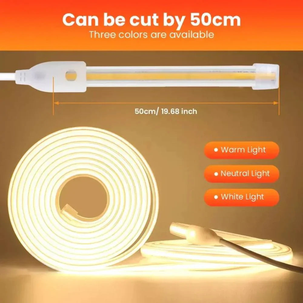 Banda LED COB 220V IP65 Lumina Neutra 8W/m 100m/rola Alimentator Inclus
